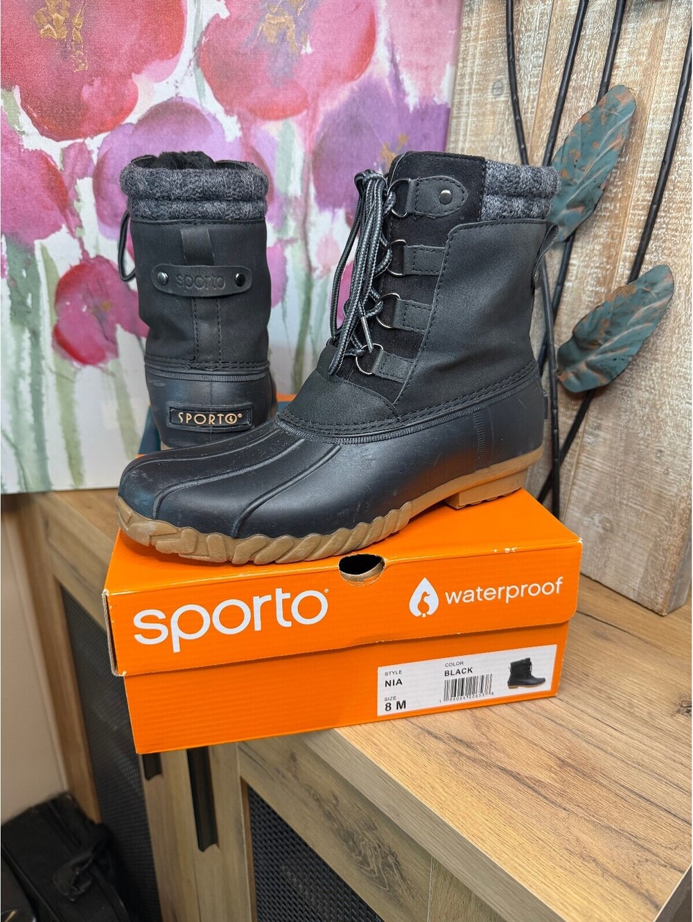 Sporto Women's Waterproof Black Lace-Up Duck Boots Size 8M
